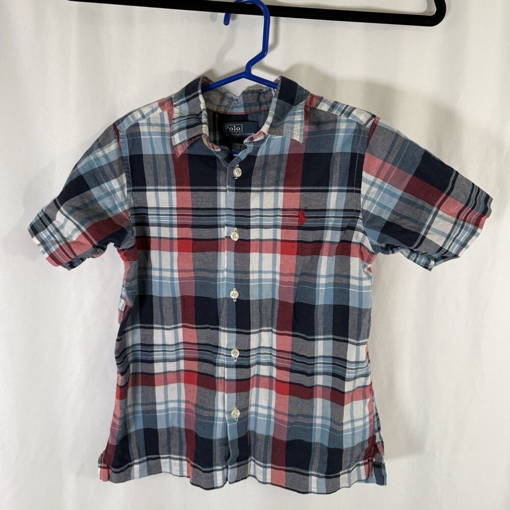 Polo Ralph Lauren Shirt Boys 5 Blue Red Plaid Short Sleeve Button Down Shirt